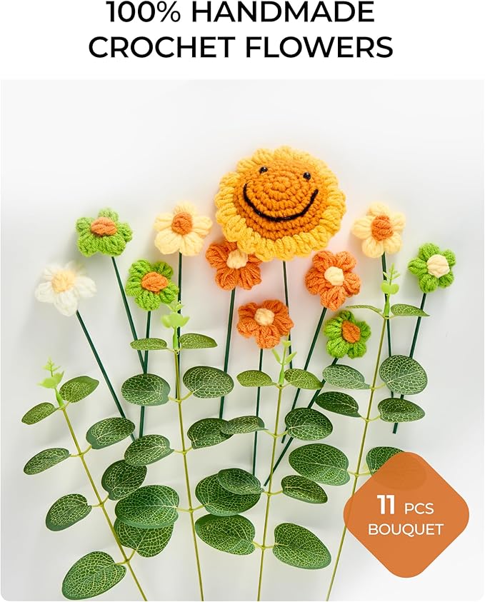 Crochet Flower Bouquet Gift for Wife Mother Girlfriend Fiancee Women, Handmade Artificial Crochet Flowers Knitted Sunflower for Thanksgiving Gift,Birthday Anniversary Present Home Decor Family