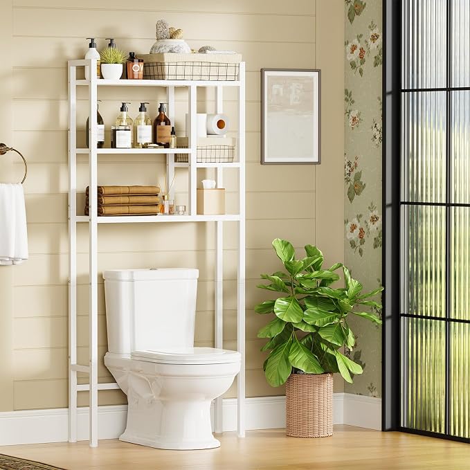 Asgolion Over The Toilet Storage Rack, 3-Tier Bathroom Organizer Over Toilet, Wooden Above Toilet Storage Shelf, Space Saver, Freestanding Bathroom Storage Metal Shelf, Easy to Assemble, White
