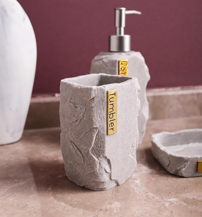 Hymmah Bathroom Accessories Set,Marble Design Toothbrush Holder,Farmhouse Bathroom Decor,4 Pcs Resin Gift Set Apartment Necessities, Contain Toothbrush Cup,Soap Dispenser,Soap Dish,Tumbler