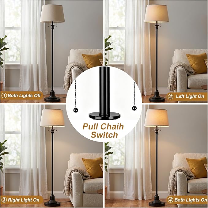 2-Light Floor Lamp for living room, 66.5'' Rustic Farmhouse Pole Lamp with Double Pull Chain, Mid Century Vintage Tall Standing Lamp for Bedroom Home Decor(3 Color Temperatures Bulb Included), Black