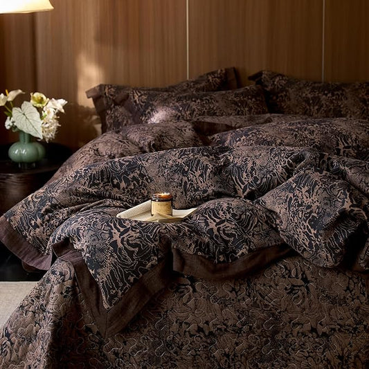 mixinni Duvet Cover Set King, Vintage Opulence Yarn-Dyed Jacquard Double-Layer Cotton Comforter Cover with Wide Corner Design, Retro Art Pattern Bedding Set with 2 Pillowcases for Men & Women