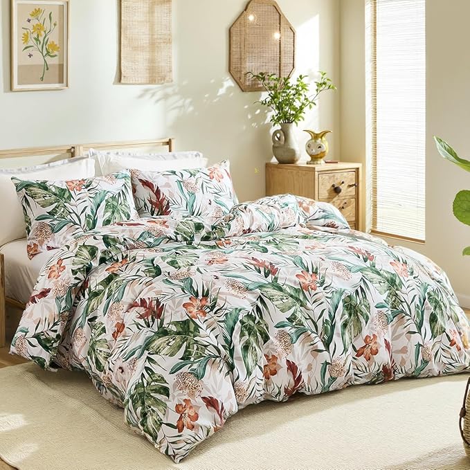 Bedding_Dreamer 100% Cotton Comforter Set Floral Queen Bedding Green Palm Leaf Comforter Set Botanical Home Decor 3 Pcs with 2 Pillowcases Reversible for All Season