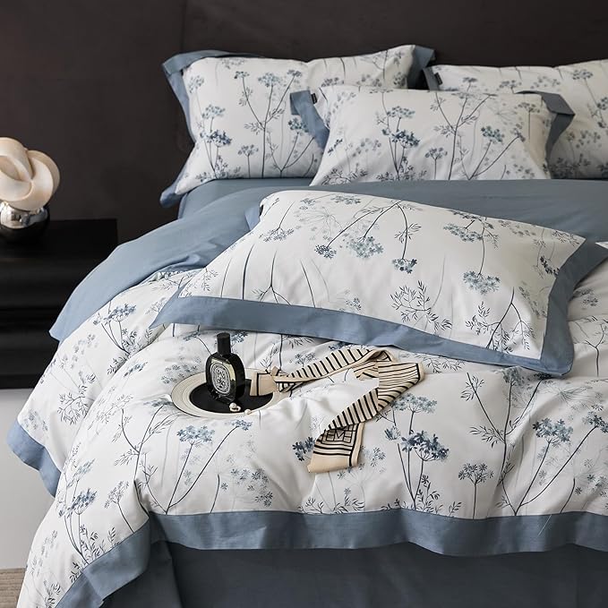 Blue Floral Duvet Cover Full Girl Soft Cotton Flowers Bedding Set with 2 Pillowcases Vintage White Blue Botanical Bedding Duvet Cover Sets for Full Bed,Chic Shabby Bedding,All Season