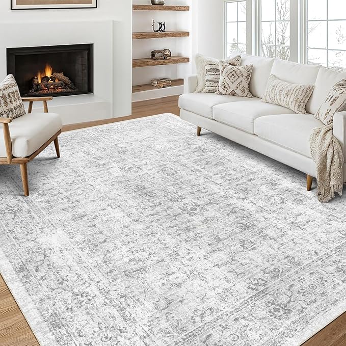 8x10 Area Rugs for Living Room, Non-Slip Backing Washable Rug 8x10, Grey Large Area Rug Soft Carpet for Bedroom Dining Room, Vintage Floral, Easy Clean, Durable, Low Pile Rug Under Table