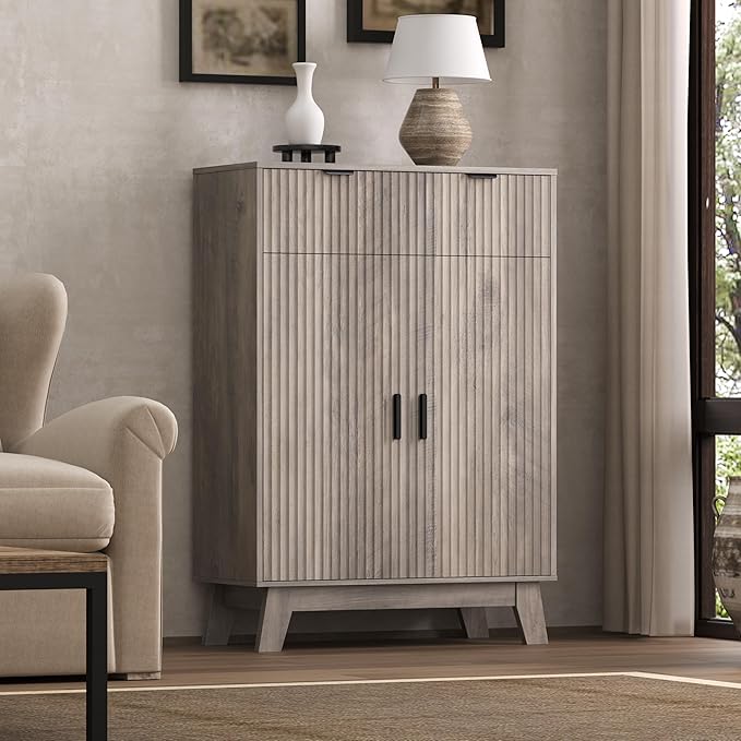 BOXACTION Fluted Shoe Cabinet, 4-Tier Mid Century Modern Narrow Shoe Storage Cabinet with Doors & 2 Drawers, Adjustable Shelves, Freestanding Hidden Shoe Rack Organizer & Wooden Legs for Entryway