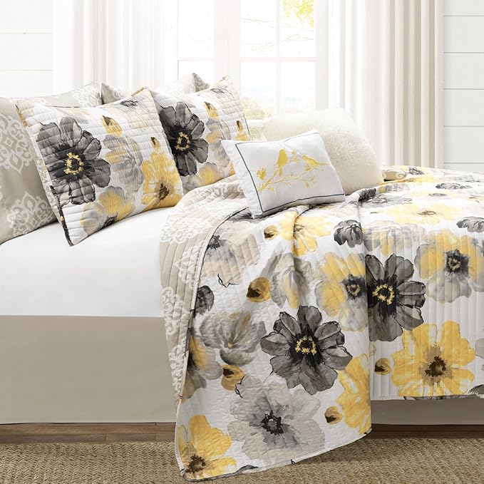 Lush Decor Leah Reversible Floral Quilt Set, 8 Piece Set, Full/ Queen, Yellow & Gray - Charming Floral Bedding Set With Pillow Cases, Decorative Throw Pillows & Bed Skirt- Large Watercolor Flowers