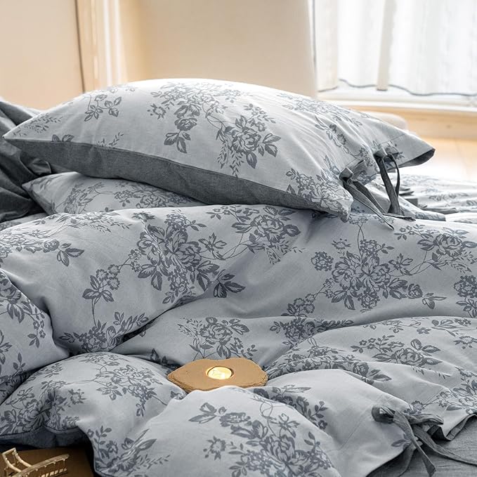 VM VOUGEMARKET Duvet Cover Set King Size Linen Cotton Yarn-Dyed Duvet Cover,Jacquard Garden Floral Pattern Monet Style 3Pieces Bedding Set,Navy Blue