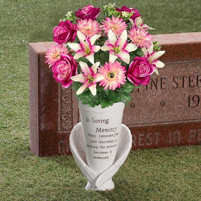 Hollyone Set of 2 Artificial Cemetery Flower for Graves Purple Pink Cemetery Memorial Flowers for Outdoor Grave Decorations Silk Flower Arrangements Rose Lily Gerbera Floral Flowers Bouquets