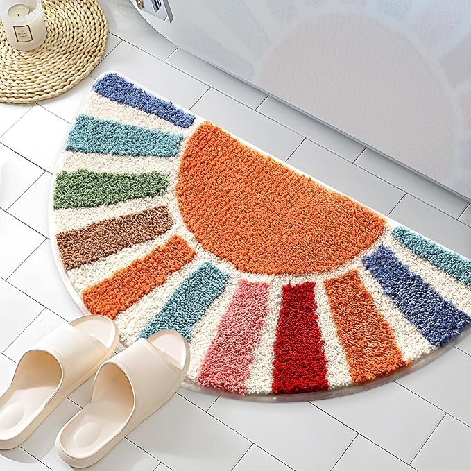 Moutina Boho Bathroom Rugs Cute Half Circle Bath Mat 16x30 Inch, Soft and Absorbent Tufted Bohemian Sun Bath Mat Non Slip Washable, Boho Bathroom Decor Rug Colorful Decorations