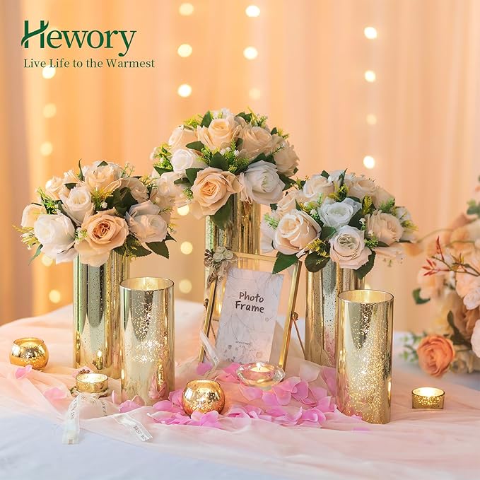Glass Cylinder Vases Set of 12, Hewory Glittery Gold Vase for Centerpieces, Glass Hurricane Candle Holders for Pillar Floating Candle, Tall Round Vase for Wedding Anniversary Events Home Table Decor