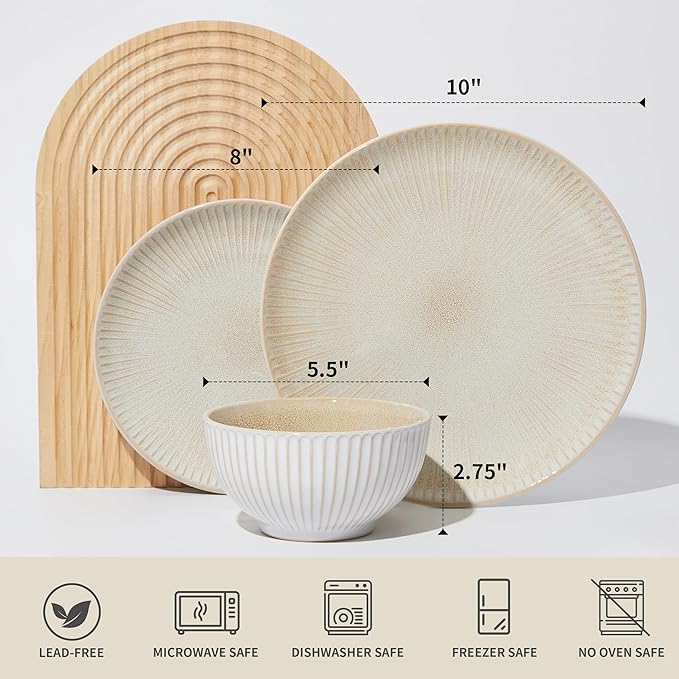 Pokini Ceramic Dinnerware Sets for 4, 12 Pieces Embossed Stoneware Plates and Bowls Sets, Scratch Resistant Dish Sets, Distinctive Granulated Surface, Housewarming Wedding Gift, Brown