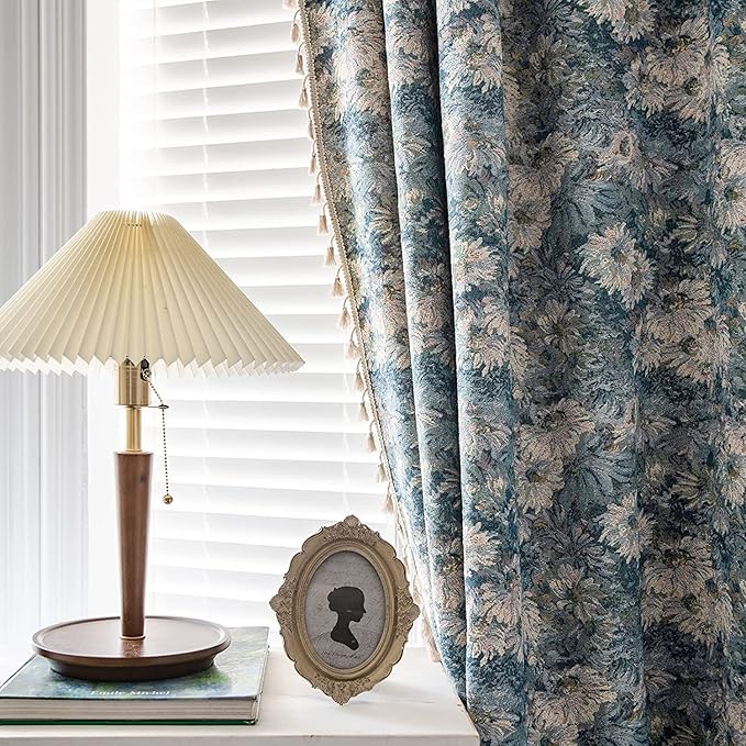 ENJOYBRIDAL Boho Jacquard Curtains 63 Inch Length 2 Panels Blue Floral Drapes for Living Room Farmhouse Semi Sheer Rustic Rod Pocket Window Curtain Panels with Tassel Bedroom Window Treatments
