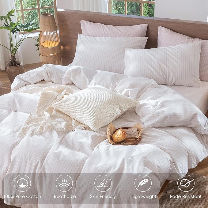 MooMee Striped Duvet Cover Set 100% Washed Cotton Linen Like Textured Breathable Durable Soft Comfy (White Heathered Greyish Pink Wide Stripes, Twin 68"x90")
