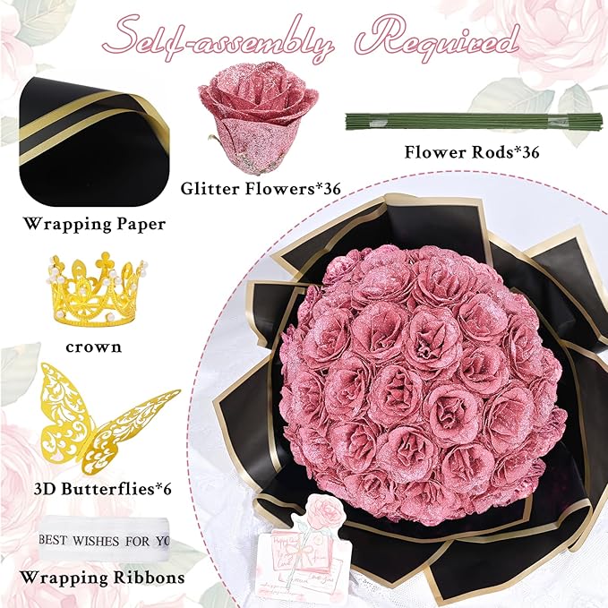 Waipfaru Glitter Roses Bouquet, DIY Fake Flowers Bouquet, Rose Gold Artificial Flower, Valentines, Anniversary, Engagement, Wedding, 36 Pcs