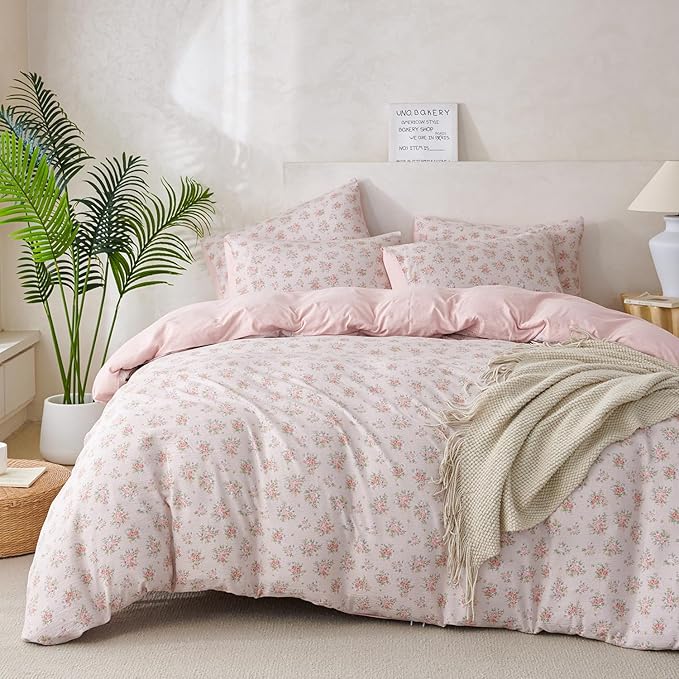 King Size Comforter Set Soft Flower 3 Pieces Chic Crinkle Gauze Fabric Garden Style Floral Print Botanical Comforter for All Seasons Luxury Warmth Comfy Breathable with 2 Pillowcases