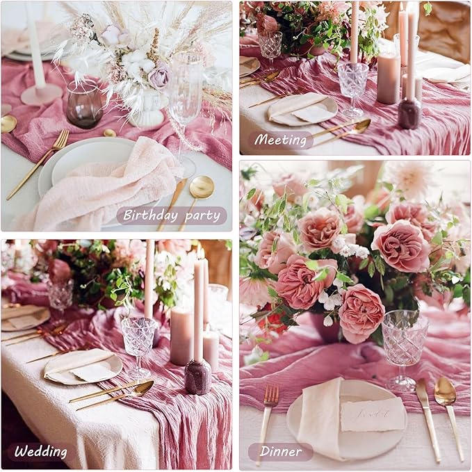 12 Pack 10Ft Cheesecloth Table Runner 35x120 Inch Boho Gauze Table Runner Rustic Cheese Cloth Long Romantic Table Runners for Wedding Bridal Shower Birthday Party Table Decor (Dusty Rose)