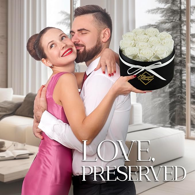 GLAMOUR BOUTIQUE Flowers Forever Gift Box 12 Real Preserved Roses in a Velvet Black Box, Birthday Gift for Her Mom and Wife, Mothers Day, Anniversary, Graduation - White