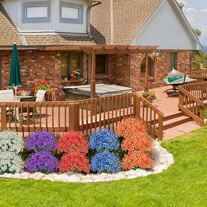 Outdoor Artificial Flowers 21 UV Resistant Bundles Fake Flower Plastic Plants Faux Silk Flowers Porch Hanging Garden Porch Window Box Decorating (Blue)