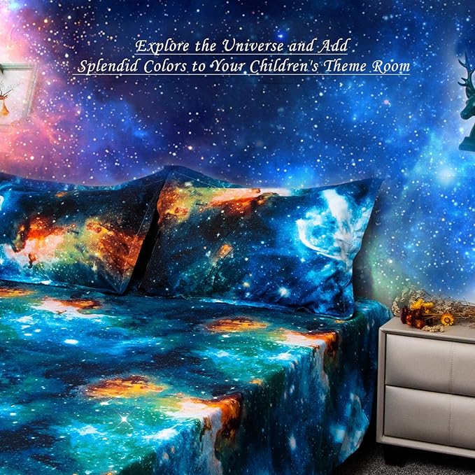 Bedlifes Galaxy Outer Space Sheet Set, Galaxy Themed, 3 pcs Including Flat Sheet, Fitted Sheet, and 1 Pillowcase (Blue Full)