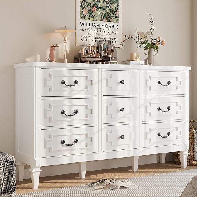 BLANKSPACE 9 Drawer Dresser for Bedroom, 35.7" Tall Dresser & Chest of Drawers wtih Vintage Surface, Closet Storage Cabinet for Living Room, Hallway, White