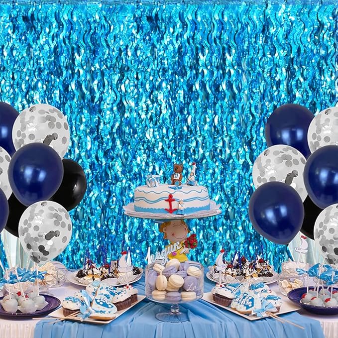 TONIFUL 3Pcs Wavy Metallic Tinsel Foil Fringe Curtains Teal Blue Streamer Backdrop for Photo Booth Props,Party Door Wall Curtains,Bachelorette,Underwater World Birthday Party Decor (9.9ft x 6.6ft)
