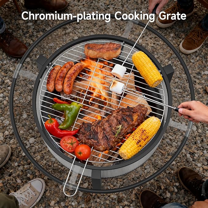 ONBRILL 2-in-1 32 Inch Fire Pit with Cooking Grill, Outdoor Wood Burning Firepit with Poker for BBQ, Bonfire, Picnic, Party, Round Metal Fire Pit for Outside, Backyard, Patio