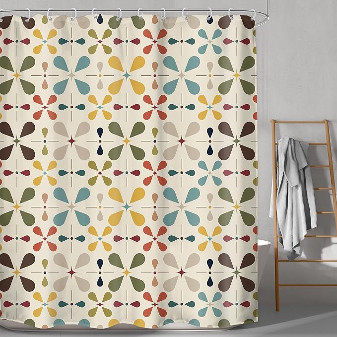 Boho Mid Century Shower Curtain Bathroom Set 71Wx78H Inches Modern Abstract Vintage Colourful Geometric Bohemian Retro Bath Accessories Water Drop Art Home Decor Fabric 12 Pack Hooks