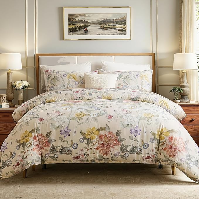 100% Cotton Duvet Cover Queen Size – Blooming Garden Duvet Cover Set with Zipper Closure & Corner Ties, 3-Piece Silky Soft & Breathable Pastel Floral Bedding Set for All Seasons