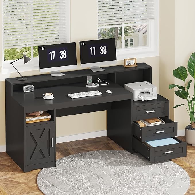 TVU Farmhouse Computer Desk with Drawers, 65'' Home Office Desk with Power Outlets, Storage Cabinet and Printer Stand, Study Writing Desks with Long Monitor Stand, Black