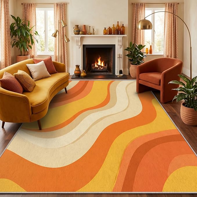 Sunset Flow Area Rug 5x8, Modern Abstract Wave Rug, Retro Orange Neutral Carpet for Living Room Bedroom, Soft Non Slip Washable Rug
