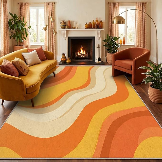 Sunset Flow Area Rug 7x9, Modern Abstract Wave Rug, Retro Orange Neutral Carpet for Living Room Bedroom, Soft Non Slip Washable Rug
