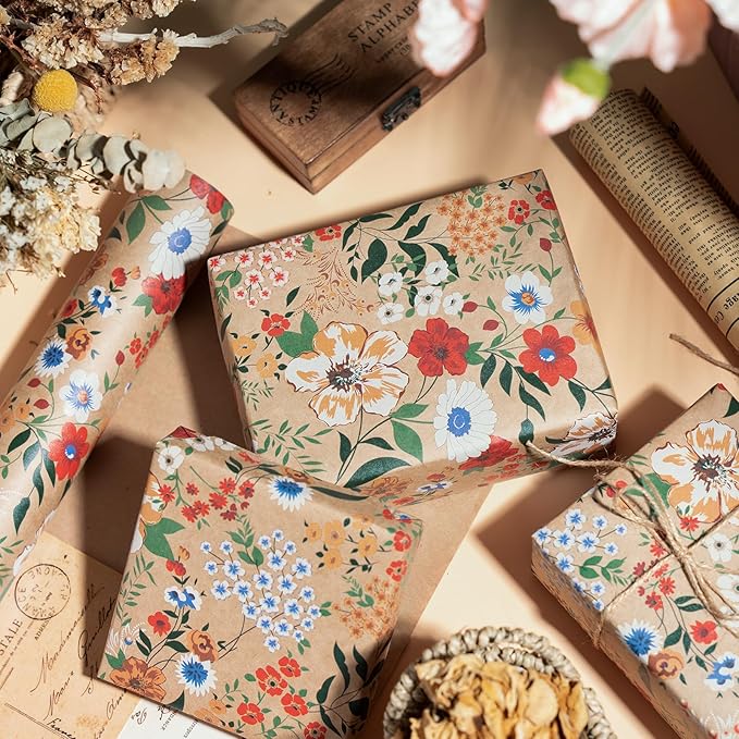 WRAPAHOLIC Kraft Floral Wrapping Paper Roll - Mini Roll - 17 Inch x 9.8 Feet - All Occasion Flower Wrapping Paper for Wedding Bridal Shower Birthday