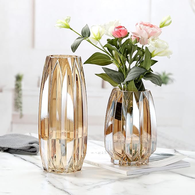 Glass Vase - Modern Ribbed Glass Vase for Flowers, Candles, and Decorative Accents -Black Grey, Amber, Clear and Colored Tall/Short Glass Vase for Centerpieces Home Table Decor (Amber, H-7.87inch)