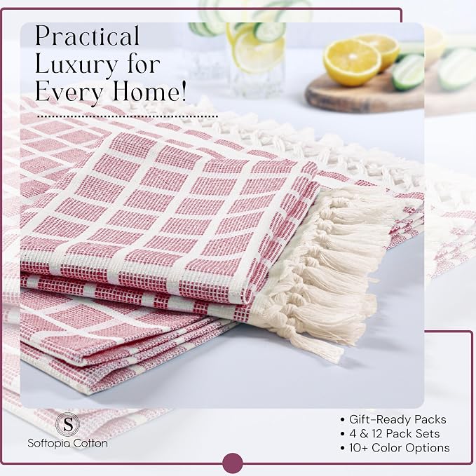 Matrix Dobby Kitchen Towels 12 Pack 100% Cotton, 16x26 Inches, Decorative Tea Towels with Handmade Tassels, Absorbent Reusable Dish Cloths for Kitchen Drying - Burgundy Wine, Natural