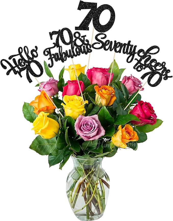 Gyufise 15Pcs 70th Birthday Centerpiece Sticks Seventy Happy 70th Table Flower Centerpieces Sticks Cheers to 70 Floral Decorations for 70th Birthday Party Centerpieces Supplies Black