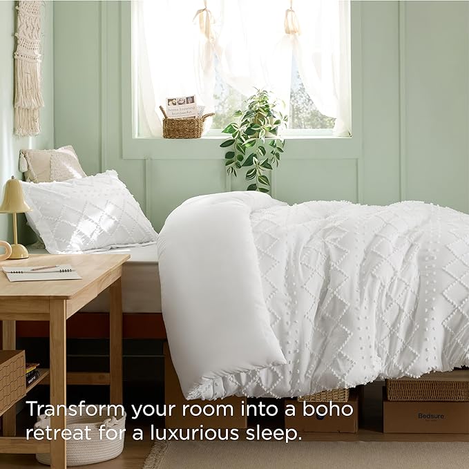 Bedsure Boho Twin Duvet Cover Size - White Breathable & Soft Boho Bedding, Machine Washable Comforter Cover for All Seasons, Includes 1 Duvet Cover 68"x90" with 1 Pillow Sham & Zipper Closure