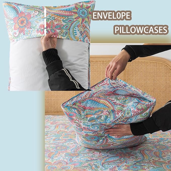 Zusbest Cotton Sheets Full 100% Cotton Pink Green Paisley Floral Bed Sheet Sets Watercolor Bedding Luxury Soft Breathable Crispy Cooling Percale Sheets 17.5'' Girls Deep Pocket Full Bed Set, 4 Pcs