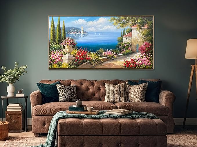 Arjun Large Wood Framed Landscape Wall Art Canvas Living Room Hand Painted, Mediterranean Seascape Painting Bedroom Flower Blue Ocean Picture Artwork Home Office Wall Decor, 48"x24"