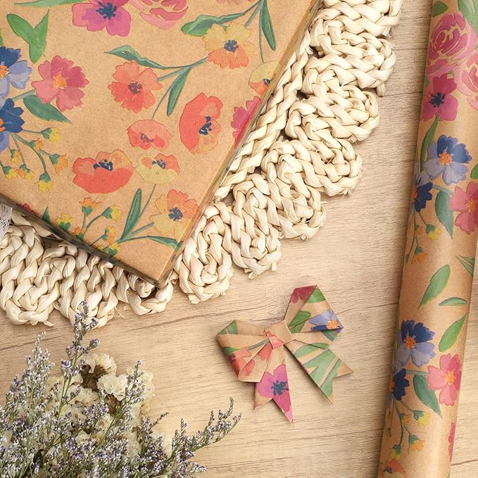 BIOBROWN Kraft Floral Wrapping Paper Roll - 17 Inches X 33 Feet (47 sq. ft. ttl.) Vintage Boho Rose Design Flower Gift Wrap for Wedding, Bridal Shower, Mothers Day, Holiday