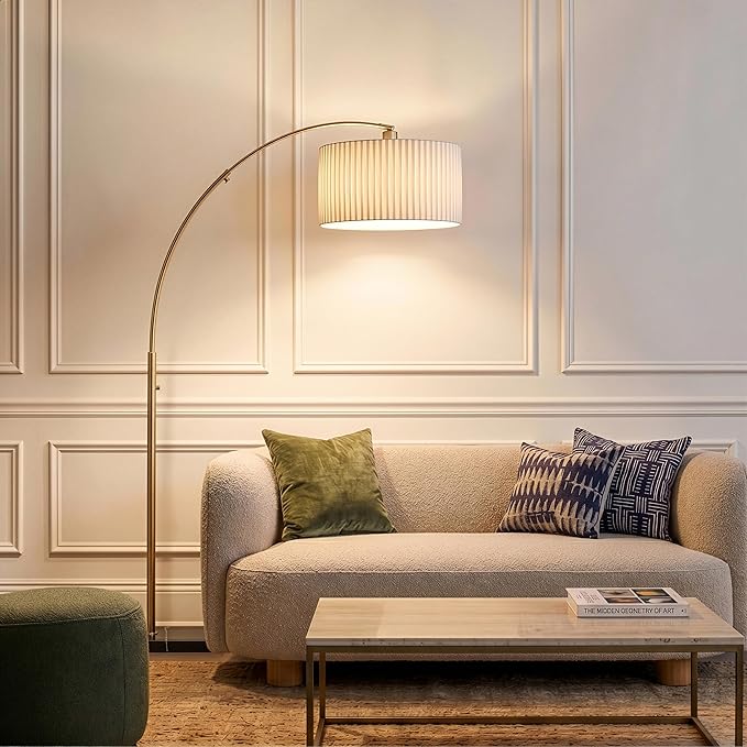 Brightech Logan Arc Floor Lamp, Bright Standing Lamp for Living Rooms, Offices & Bedrooms, Modern Living Room Décor, Tall Hanging Floor Lamp for Reading and More – Gold/Brass with Pleated Shade