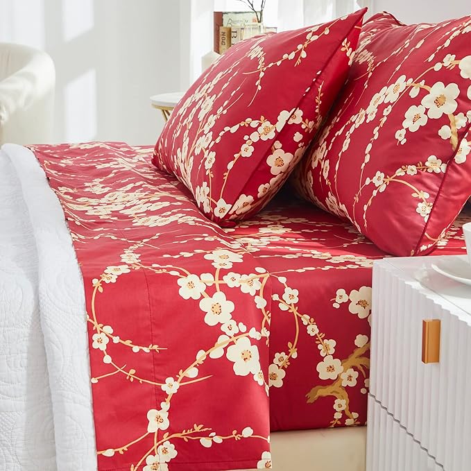 Brandream Floral Sheet Set King Size Japanese Oriental Style Cherry Red Blossom Flower Branches Print Chinoiserie Bedding Pillowcases Set 800TC Egyptian Cotton Sateen Botanical Tree Deep Pocket, 4 Pcs