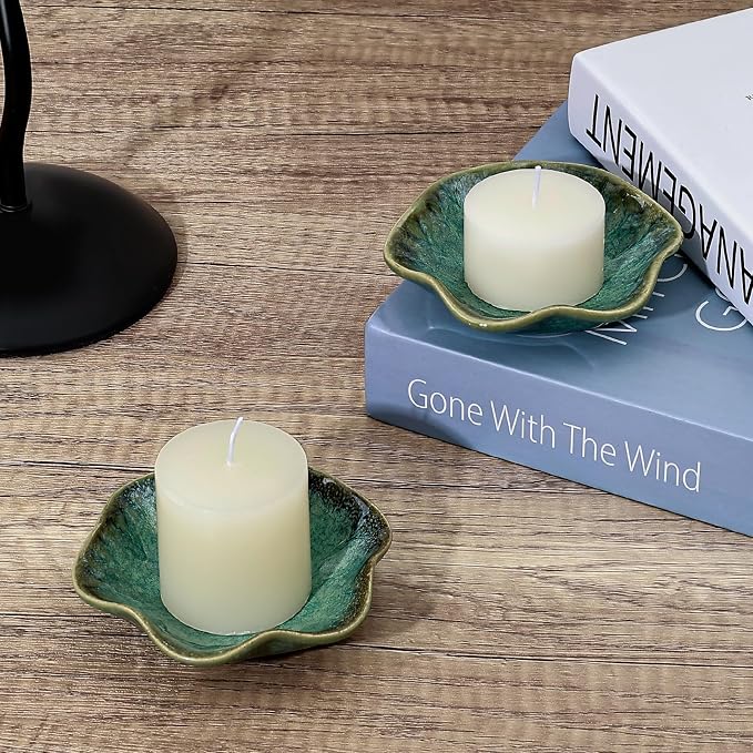 Koythin 2-Piece Ceramic Candle Holder, Aesthetics Candlestick Holders for Tea Lights, Lotus Leaf Shape Candle Stand for Mantle Table, Adorable Vintage Decor for Weddings Dining (Green)