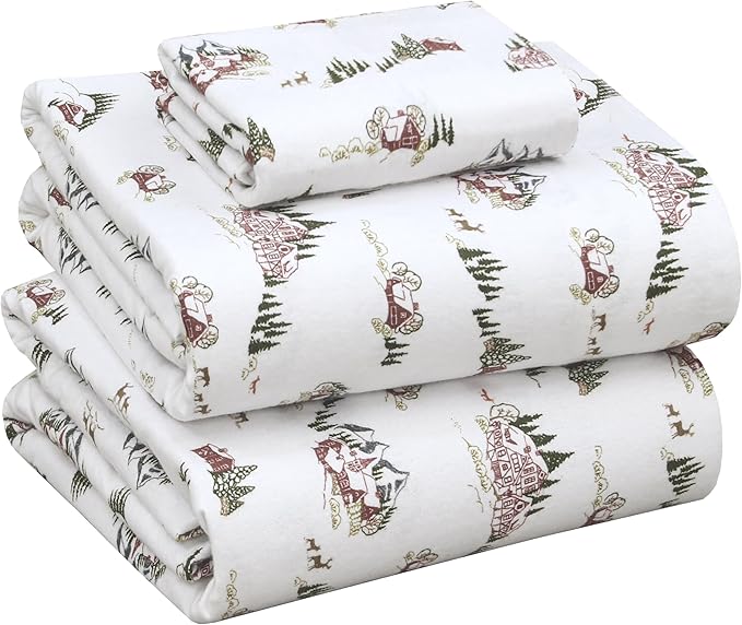 RUVANTI Flannel Sheets Twin Size - 100% Cotton Double Brushed Twin Sheets Set, Deep Pockets 16 Inches, All Seasons Breathable & Extra Soft Bed Sheets, Warm & Cozy, 3 Piece, Hilly Huts