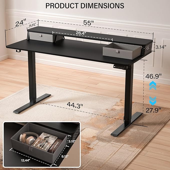 Electric Standing Desk with 2 Drawers 55''x 24'' Adjustable Height Sit to Stand Up Desk with Storage Shelf, C-Clamp Mount Compatible Black Home Office Desks Computer Gaming Table Ergonomic Workstation