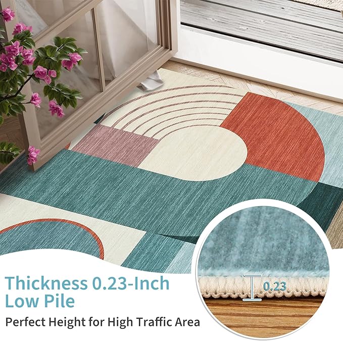 Area Rugs for Living Room, Boho Geometric Washable Rug for Bedroom Entryway Soft Low Pile Non-Slip Indoor Rugs for Dining Room Dorm Playroom, Blue Multi, 5'x7'