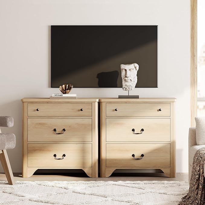 WAMPAT 3 Drawer Dresser Set of 2, 63“ Large Farmhouse Dresser for Bedroom with Wide Chest of Drawers,Oak Wooden Dressers Nightstand Cabinet for Bedroom, Living Room, Hallway, Office