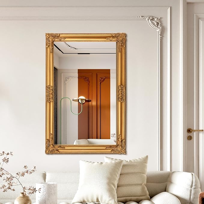 TRAHOME 24"x36" Vintage Gold Baroque Wall Mirror, Ornate Antique Style Decorative Mirror for Entryway, Living Room, Fireplace Mantel, Hallway