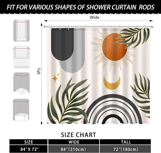 Boho Mid Century Shower Curtain, Bohemian Minimalist Simple Aesthetic Modern Bathroom Decor, Colorful Rainbow Sun Moon Natural Botanical Leaves Fabric Cloth Bath Curtain (Boho Black, 84x72 Inches)