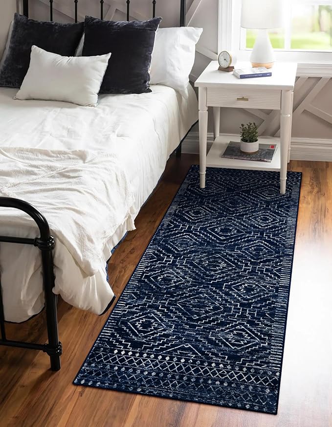 Wonnitar Moroccan Kitchen Runner Rugs, Non-Skid Washable Runner Rug 2x6, Bohemian Non-Shedding Soft Blue Hallway Runner, Geometric Low Pile Carpet Runner for Laundry Bath Entrance (Blue,2'x6')