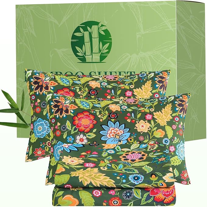 Bedlifes Extra Deep Pocket 18-24" Queen 4-Piece Sheet Set - Cooling Sheets Blend Rayon Derived from Bamboo Soft & Breathable Floral Dark Green